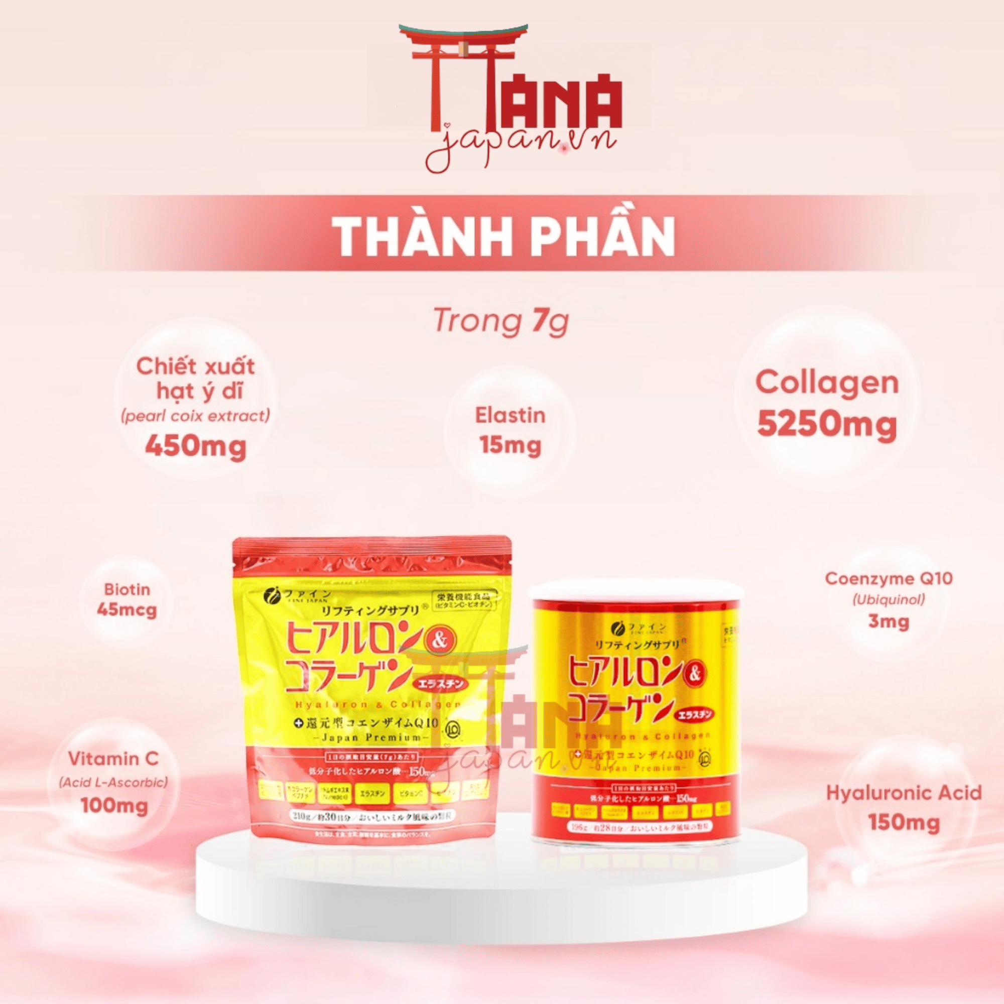 Bột Uống Bổ Sung Collagen - Hyaluron - Q10 Fine Japan Hỗ Trợ Đẹp Da, Căng Bóng, Cấp Ẩm 210gr (Dạng Túi) 