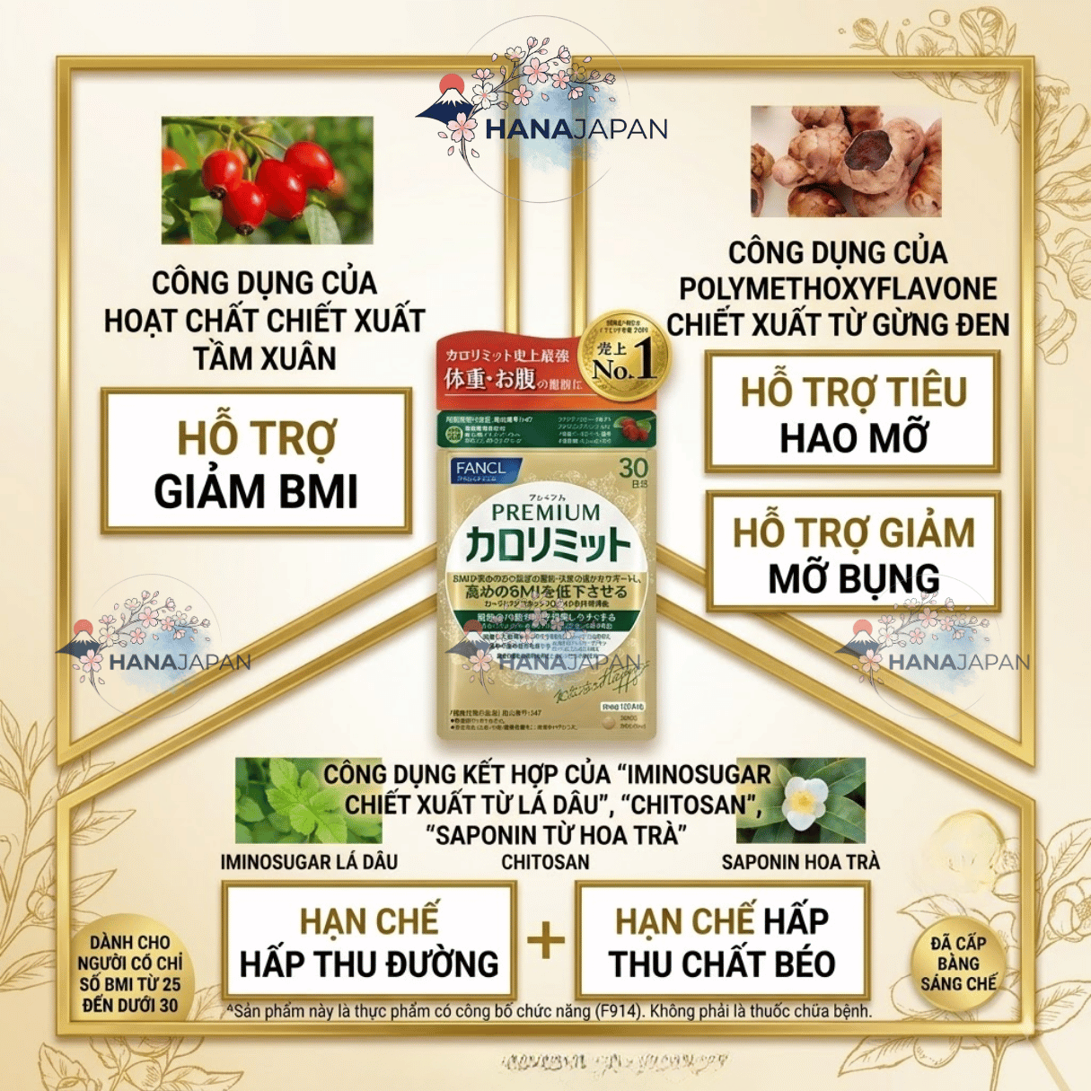 Viên Uống Fancl Premium Calorie Limit Hỗ Trợ Kiểm Soát Đường, Chất Béo, Mỡ Bụng & BMI 120 Viên